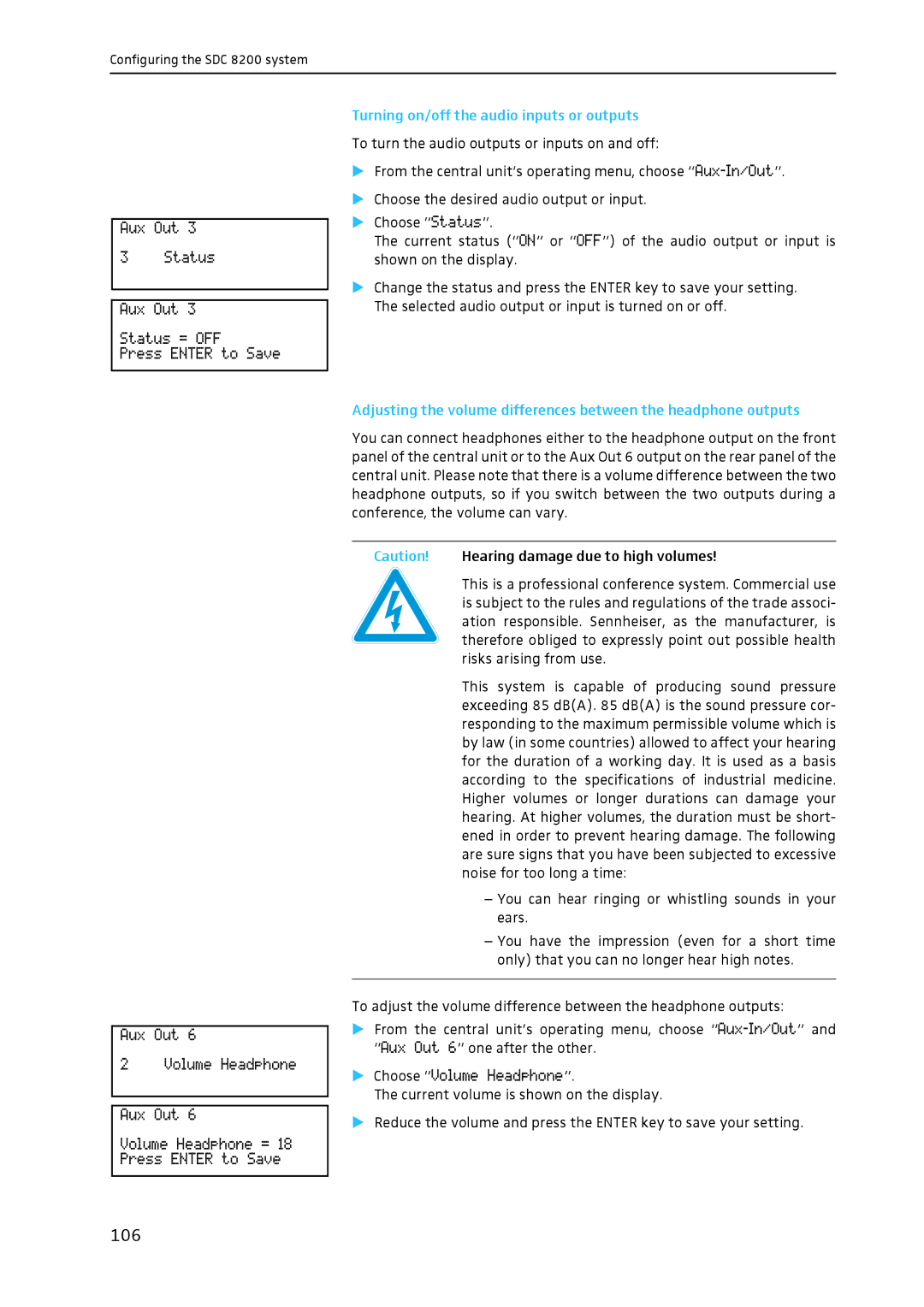 Sennheiser SDC 8200 system manual 106, Turning on/off the audio inputs or outputs 