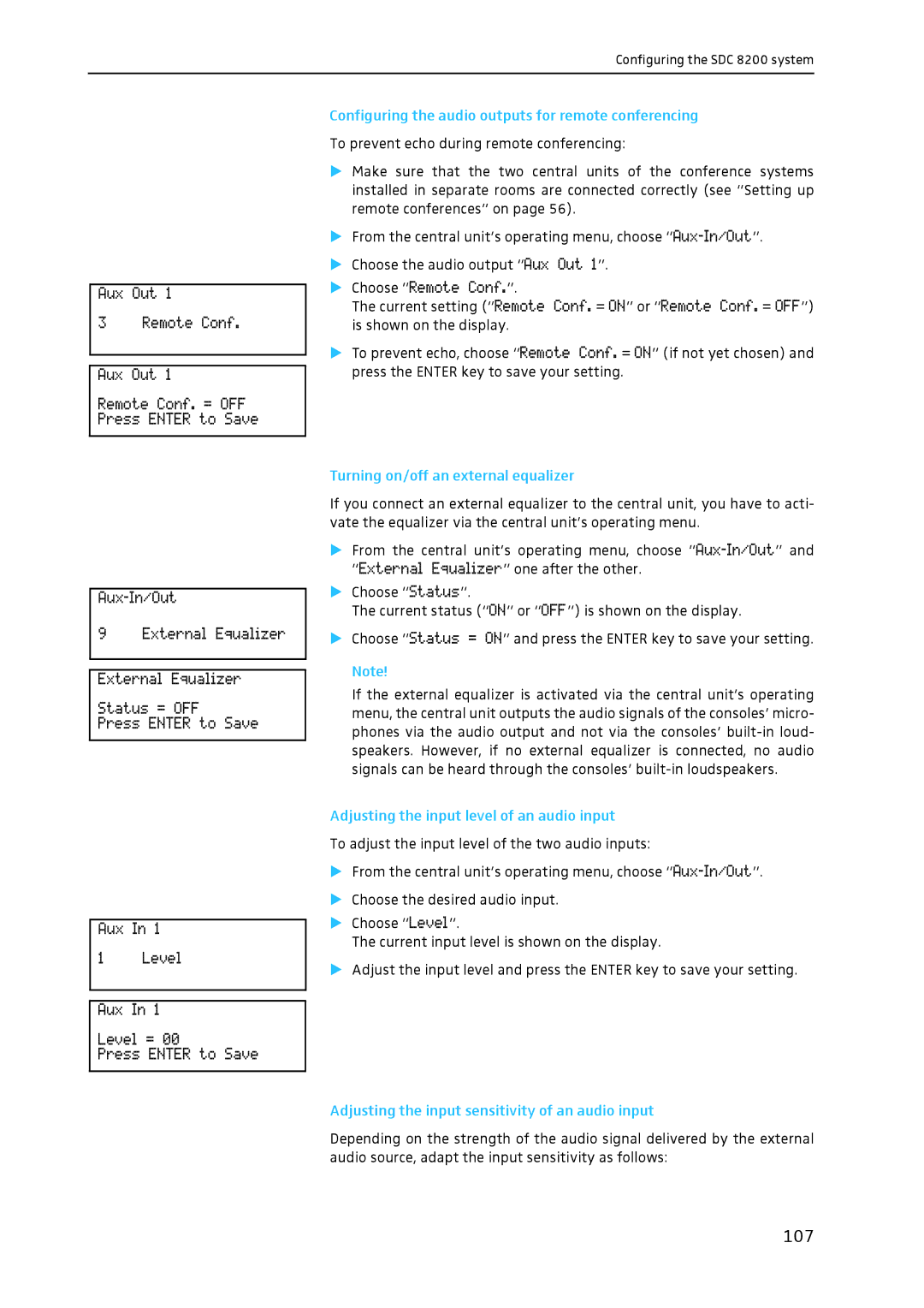 Sennheiser SDC 8200 107, Configuring the audio outputs for remote conferencing, Turning on/off an external equalizer 