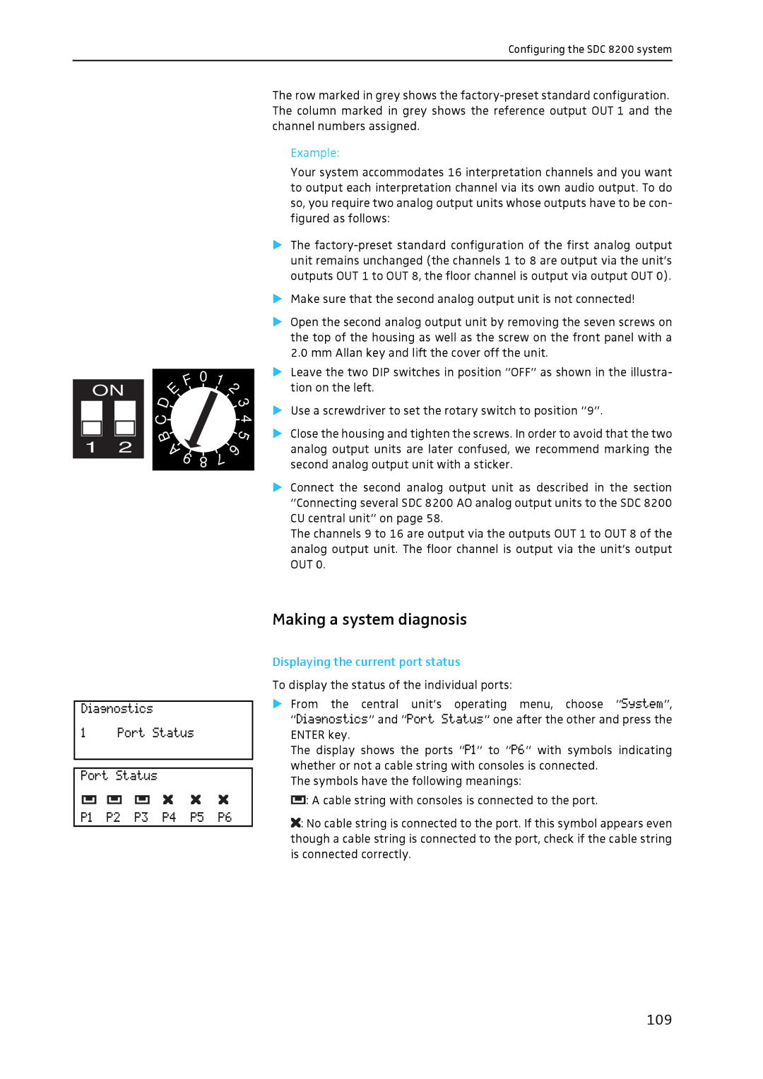 Sennheiser SDC 8200 system manual Making a system diagnosis, 109, Displaying the current port status 