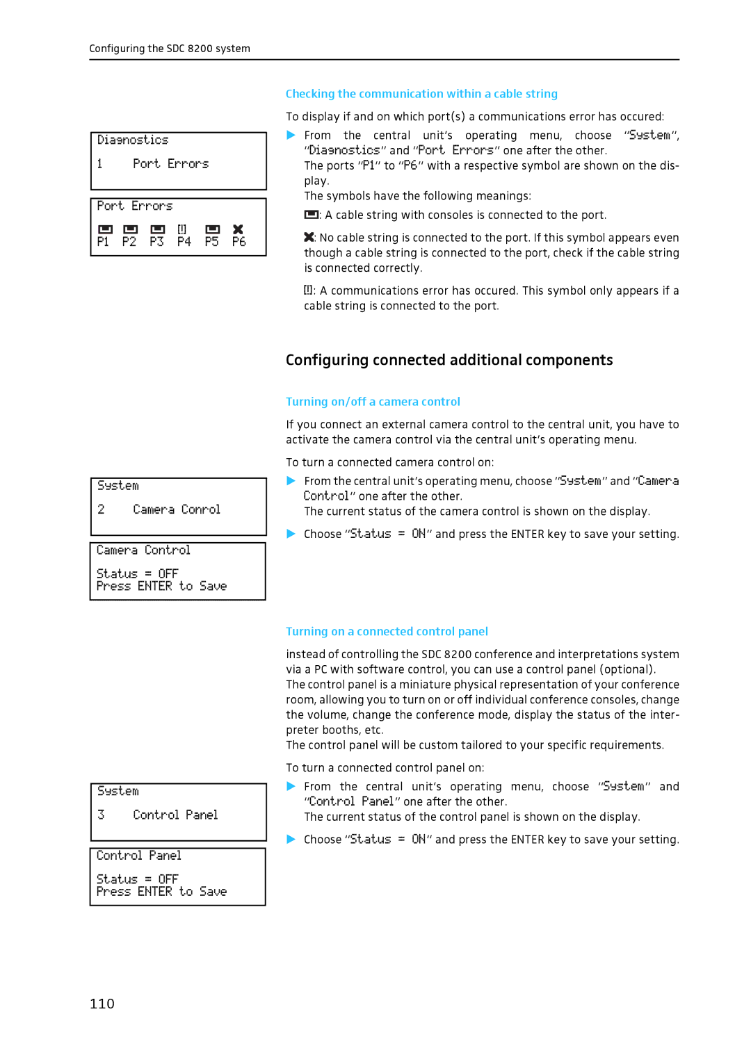 Sennheiser SDC 8200 Configuring connected additional components, 110, Checking the communication within a cable string 