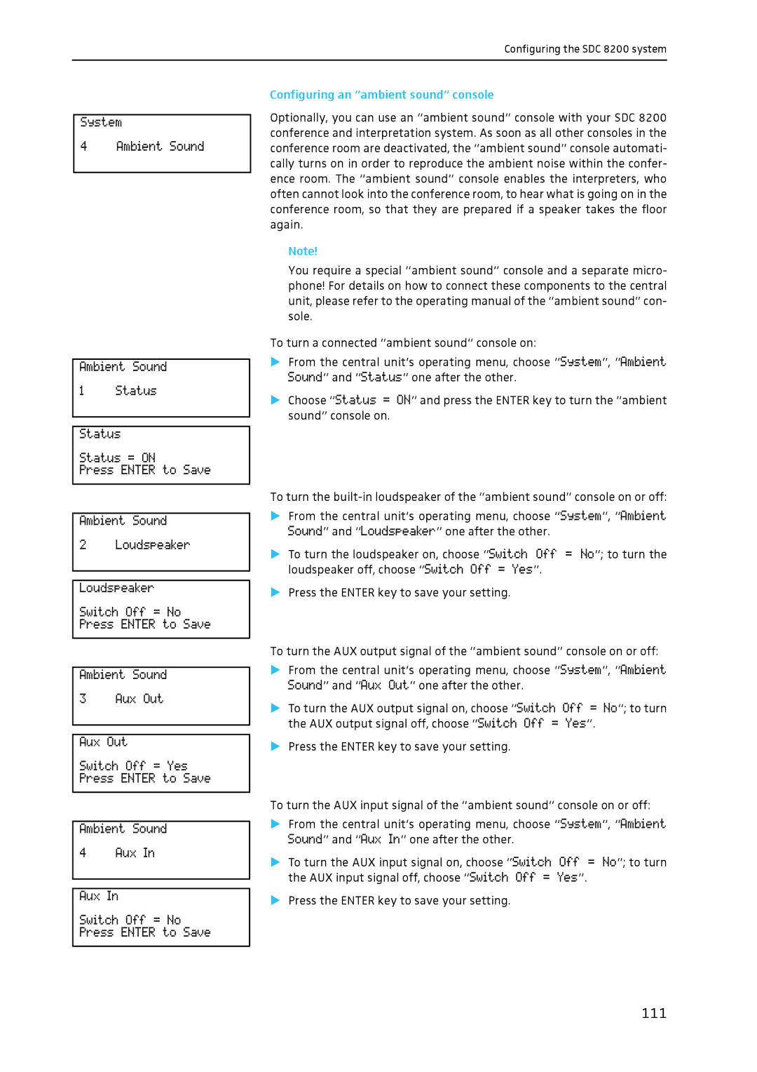 Sennheiser SDC 8200 system manual 111, Configuring an ambient sound console 