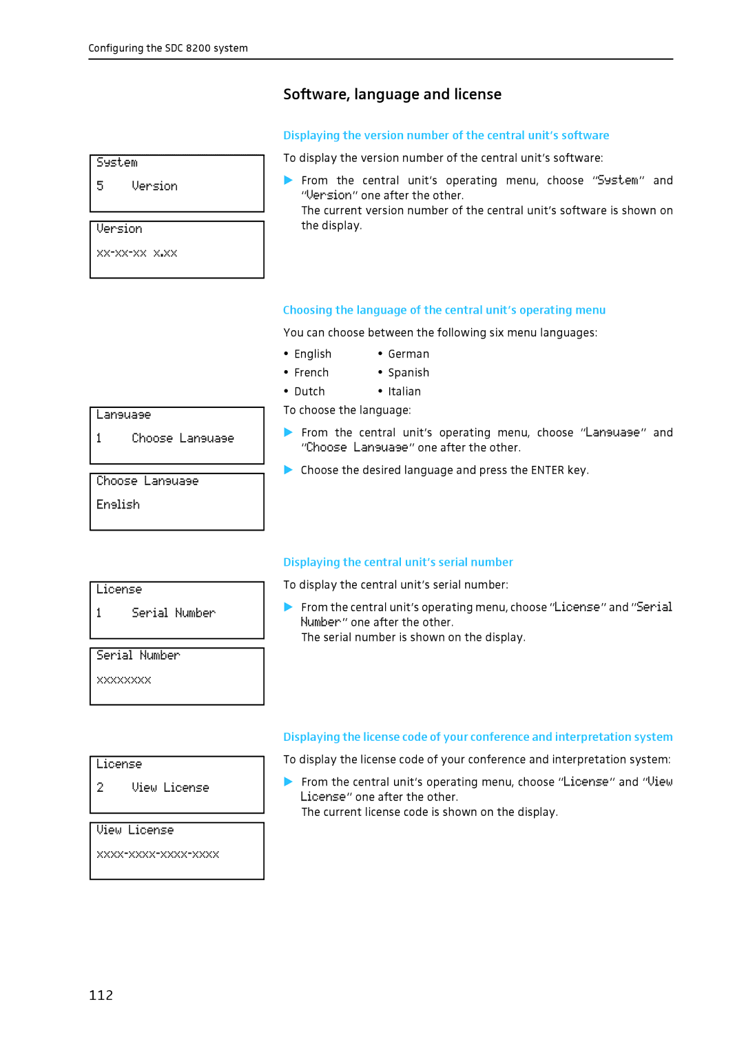 Sennheiser SDC 8200 Software, language and license, 112, Choosing the language of the central unit’s operating menu 