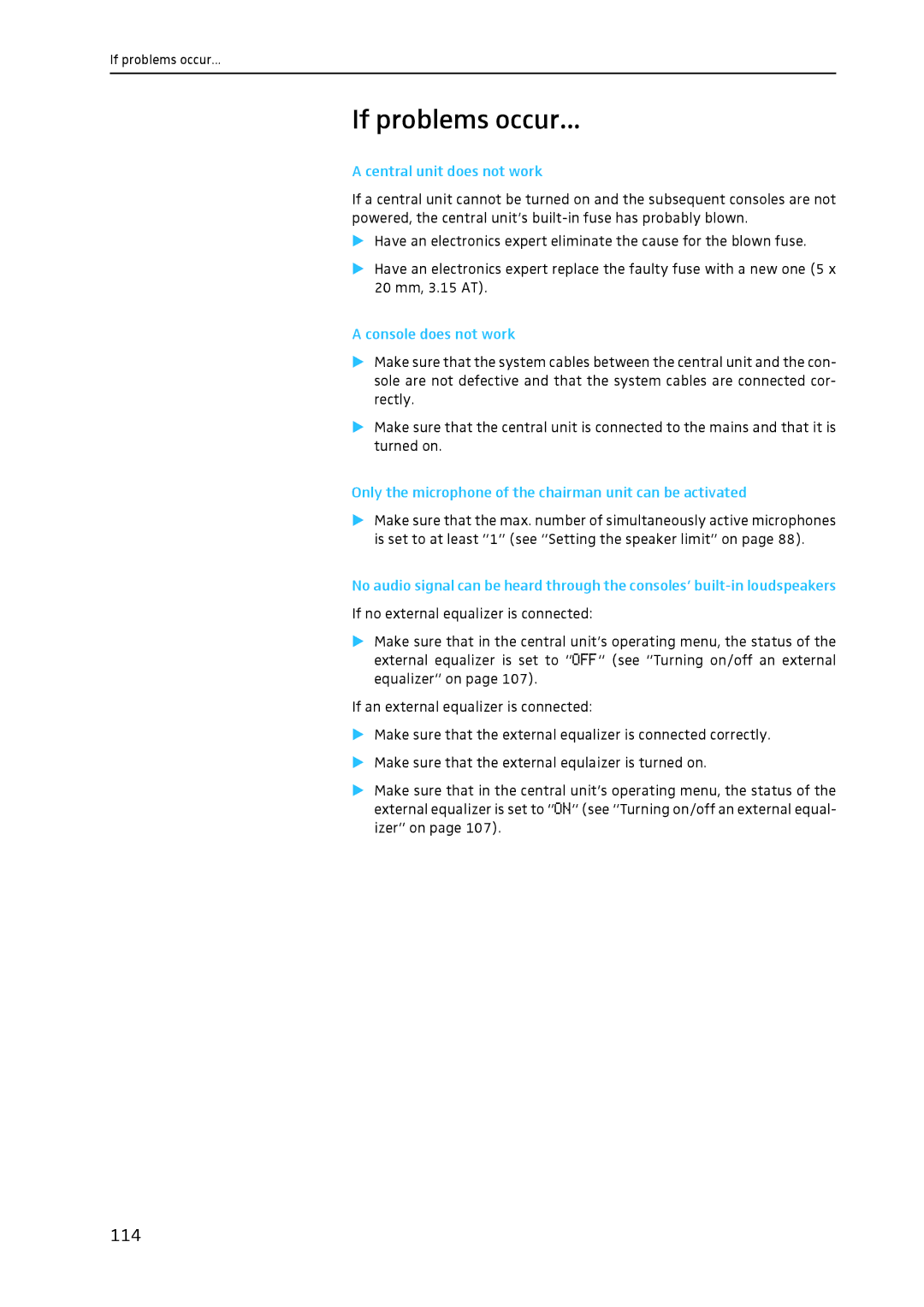 Sennheiser SDC 8200 system manual If problems occur, 114, Central unit does not work, Console does not work 