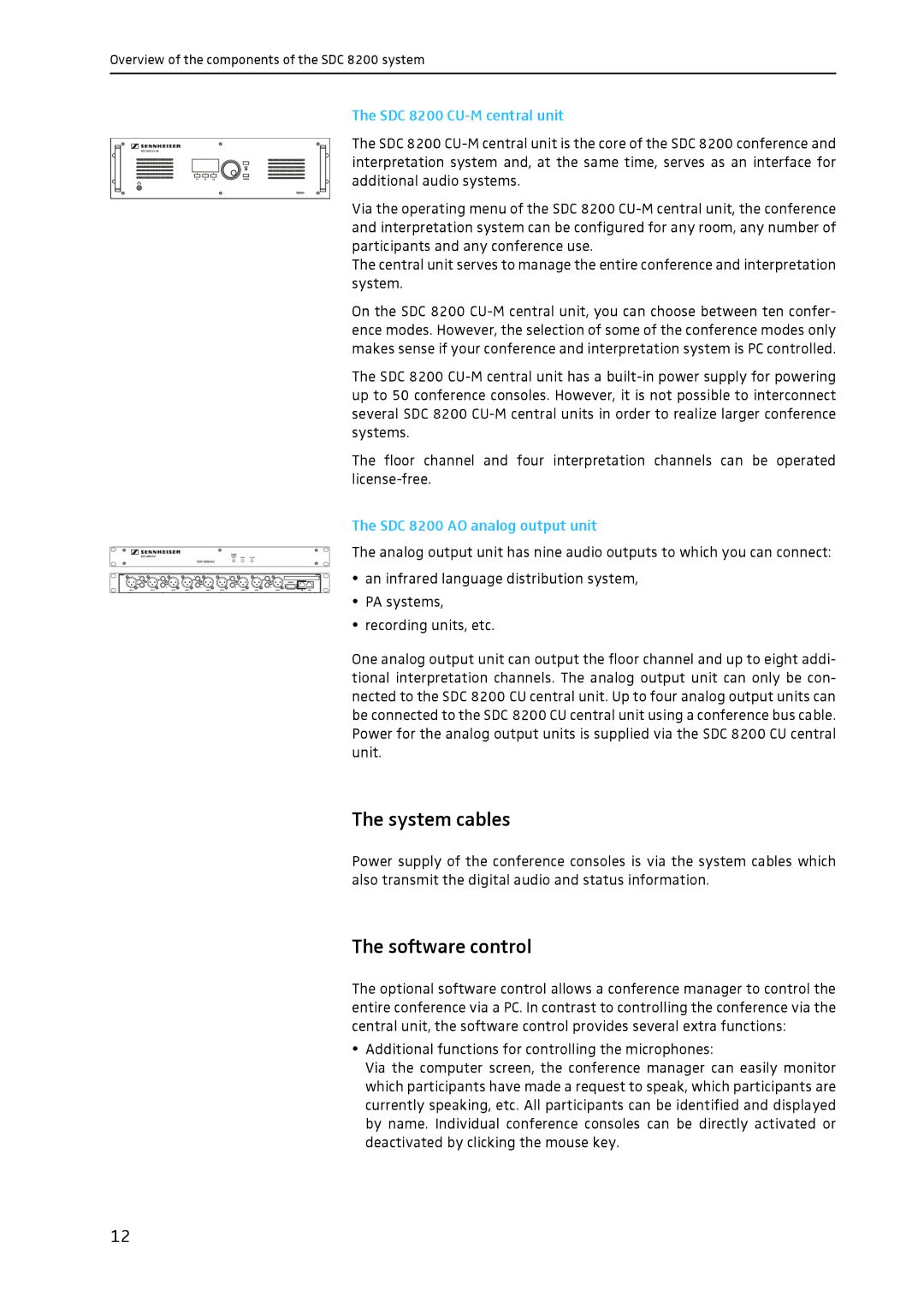 Sennheiser system manual System cables, Software control, SDC 8200 CU-M central unit, SDC 8200 AO analog output unit 