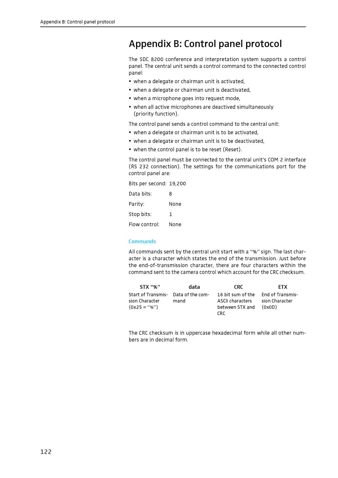 Sennheiser SDC 8200 system manual Appendix B Control panel protocol, 122 