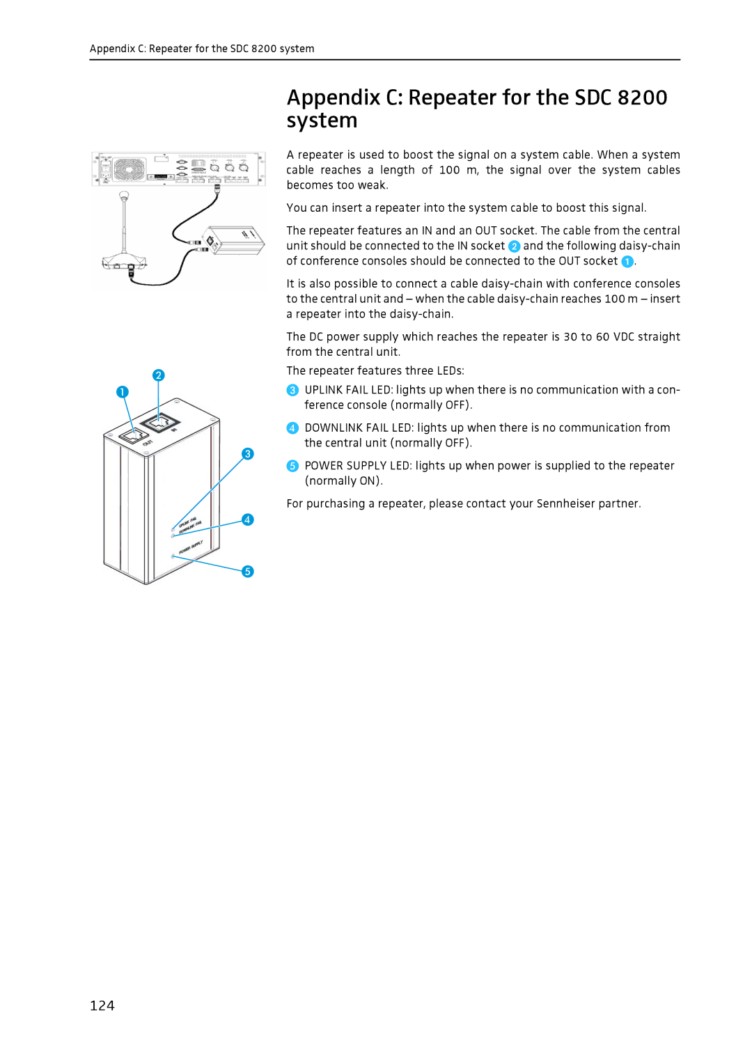 Sennheiser system manual Appendix C Repeater for the SDC 8200 system, 124 