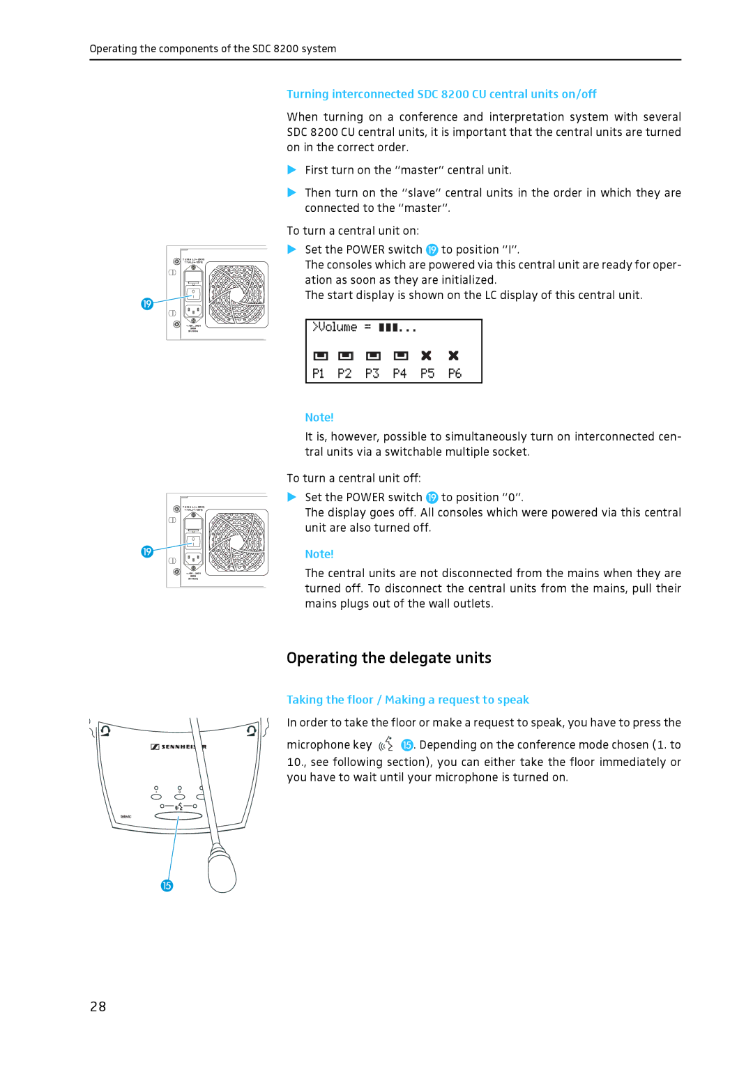 Sennheiser system manual Operating the delegate units, Turning interconnected SDC 8200 CU central units on/off 