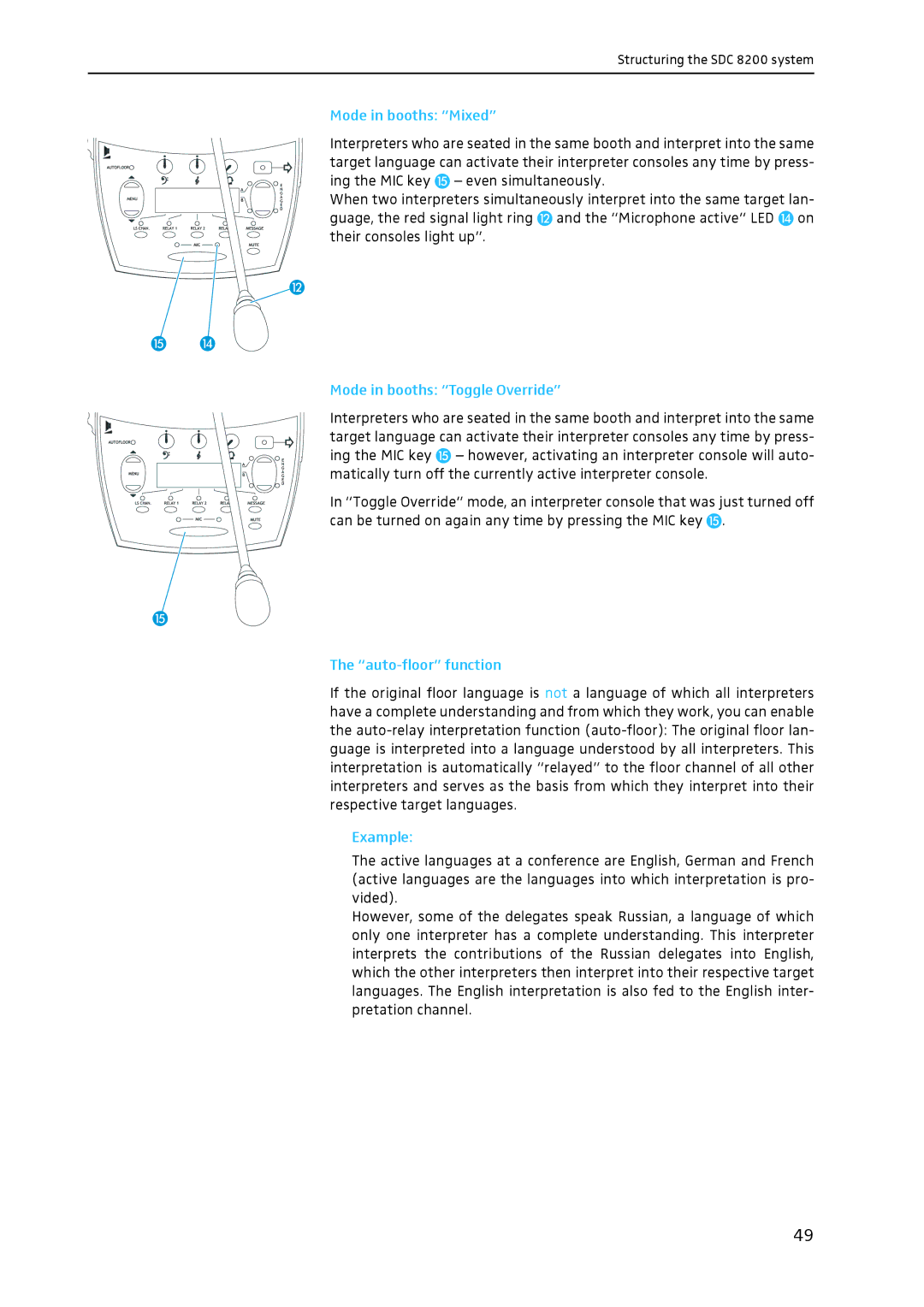 Sennheiser SDC 8200 system manual Mode in booths Mixed, Mode in booths Toggle Override, Auto-floor function, Example 