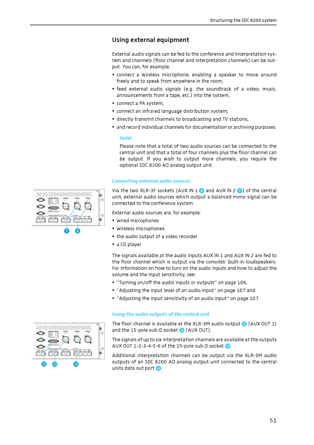 Sennheiser SDC 8200 system manual Using external equipment, Connecting external audio sources 