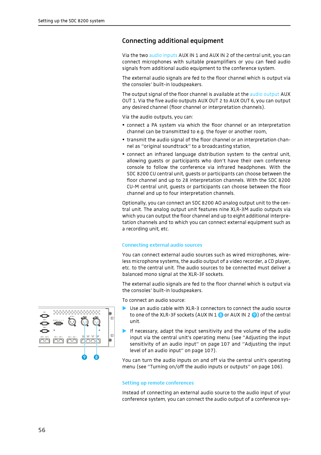 Sennheiser SDC 8200 system manual Connecting additional equipment, Setting up remote conferences 