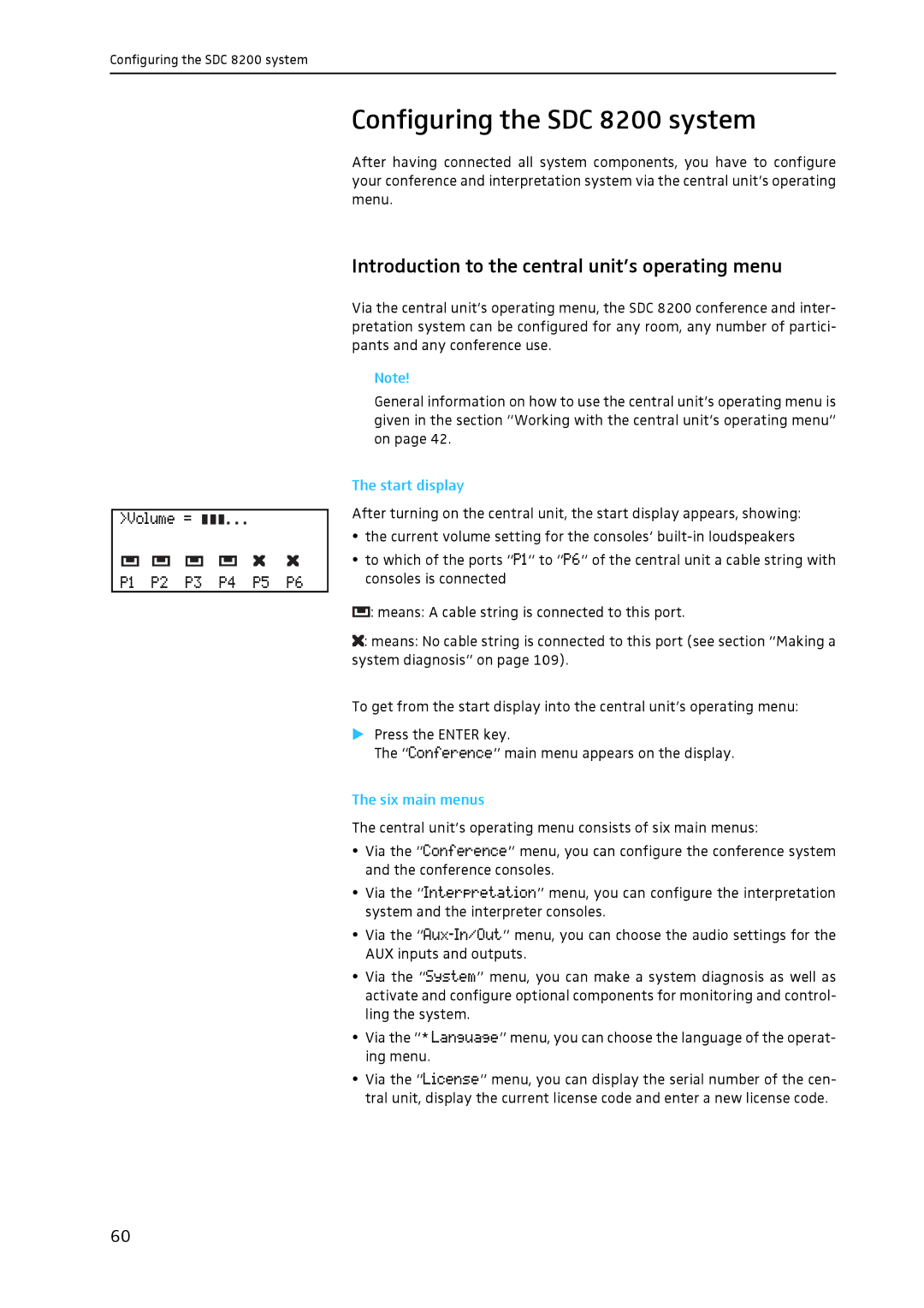 Sennheiser Configuring the SDC 8200 system, Introduction to the central unit’s operating menu, Start display 