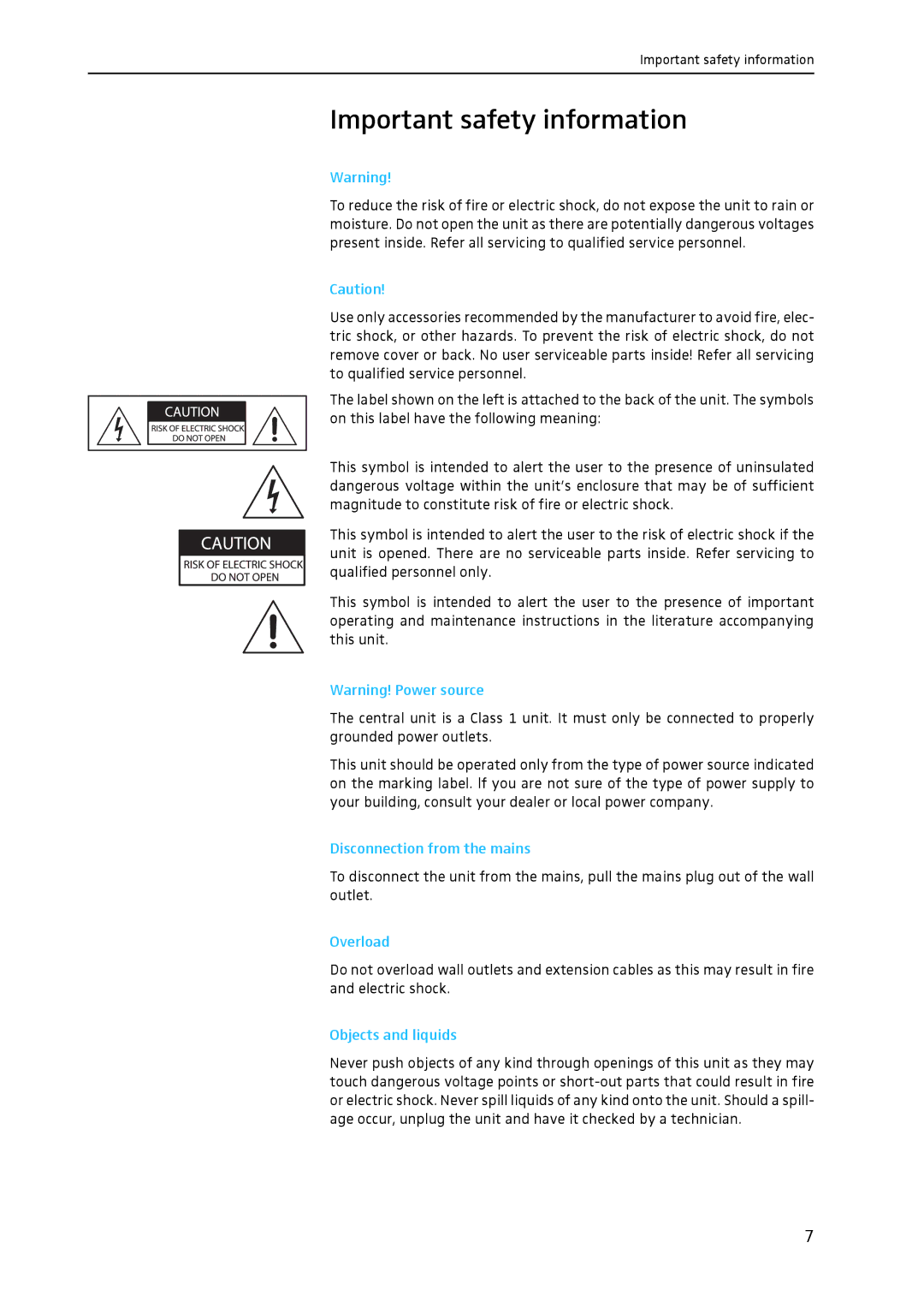 Sennheiser SDC 8200 system manual Important safety information, Disconnection from the mains, Overload, Objects and liquids 