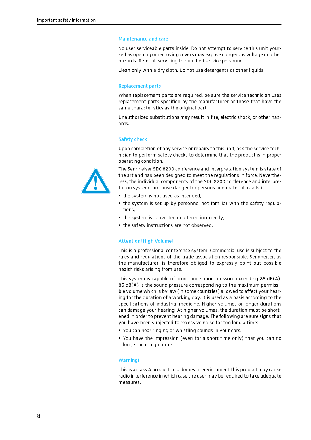 Sennheiser SDC 8200 system manual Maintenance and care, Replacement parts, Safety check 