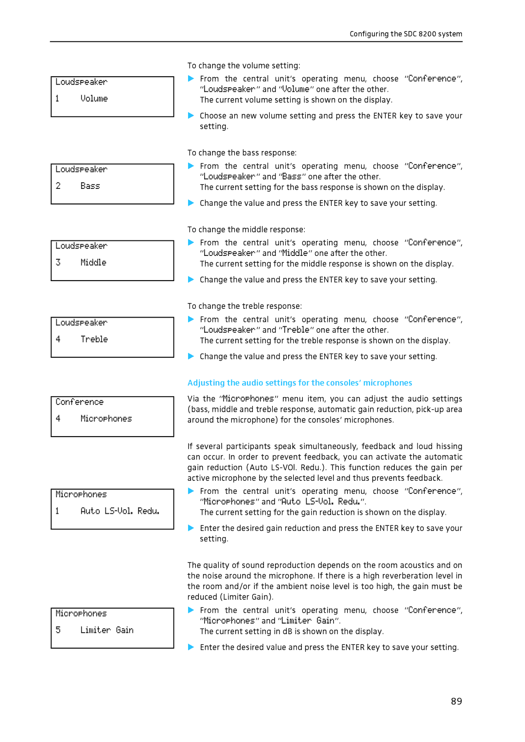 Sennheiser SDC 8200 system manual Adjusting the audio settings for the consoles’ microphones 