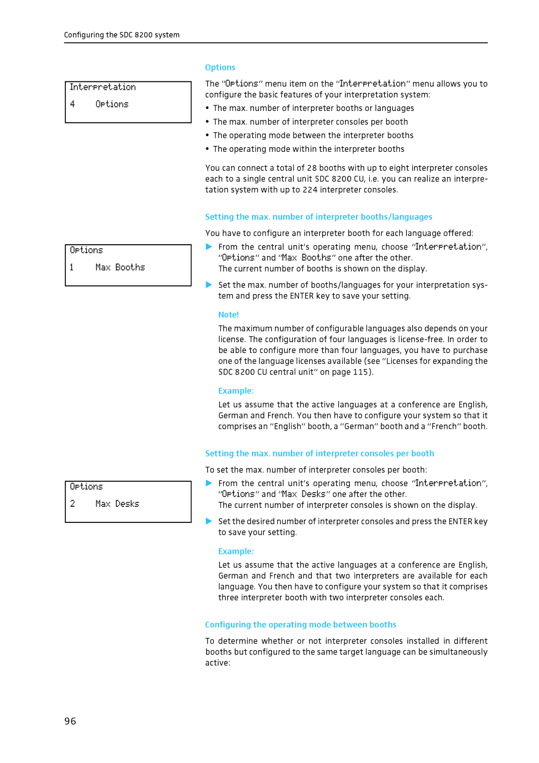 Sennheiser SDC 8200 system manual Options, Setting the max. number of interpreter booths/languages 