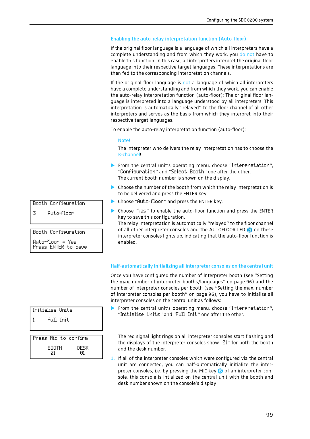 Sennheiser SDC 8200 system manual Enabling the auto-relay interpretation function Auto-floor 