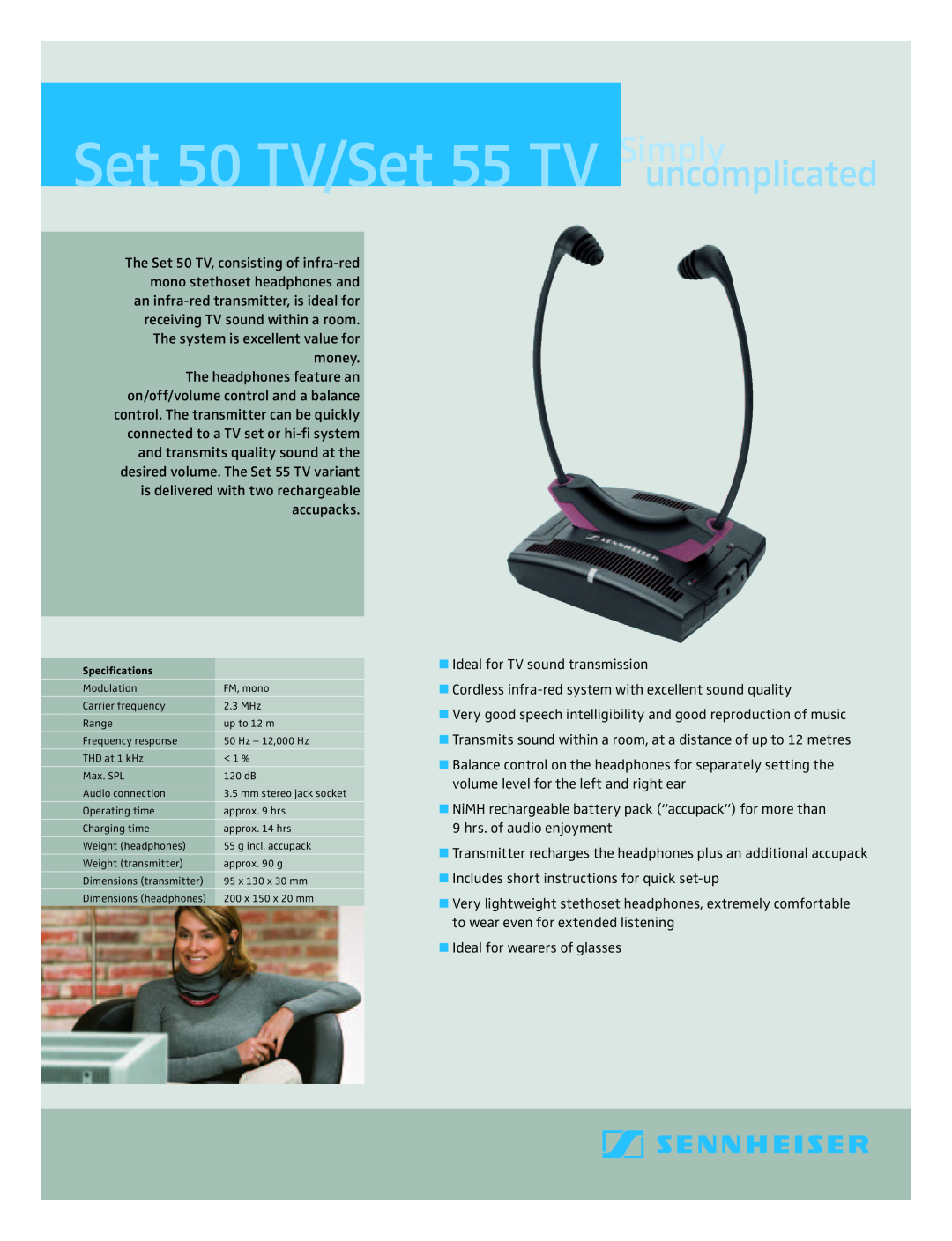 Sennheiser SET 50 TV, SET 55 TV specifications Set 50 TV/Set 55 TV Simply, uncomplicated 