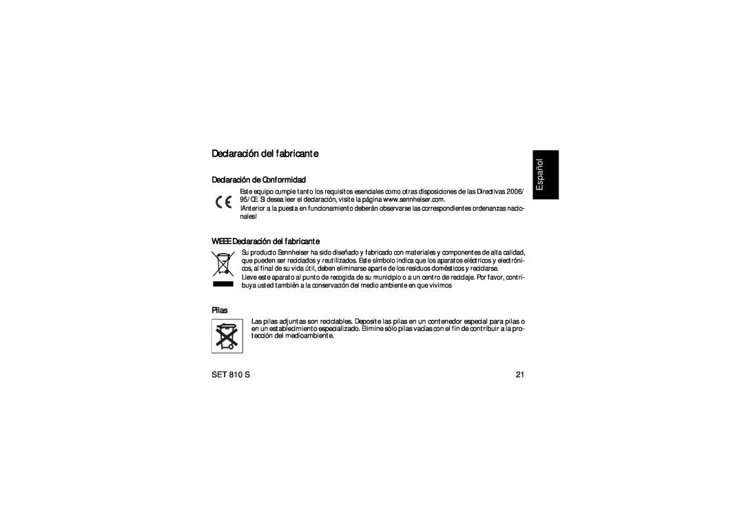 Sennheiser Set 810 S manual Español, Declaración de Conformidad, WEEE Declaración del fabricante, Pilas 