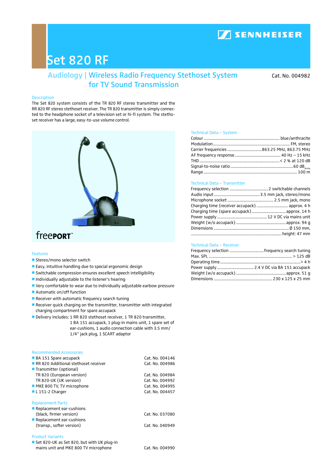 Sennheiser SET 820 RF dimensions Set 820 RF, for TV Sound Transmission, Cat. No, Description, Features, Replacement Parts 