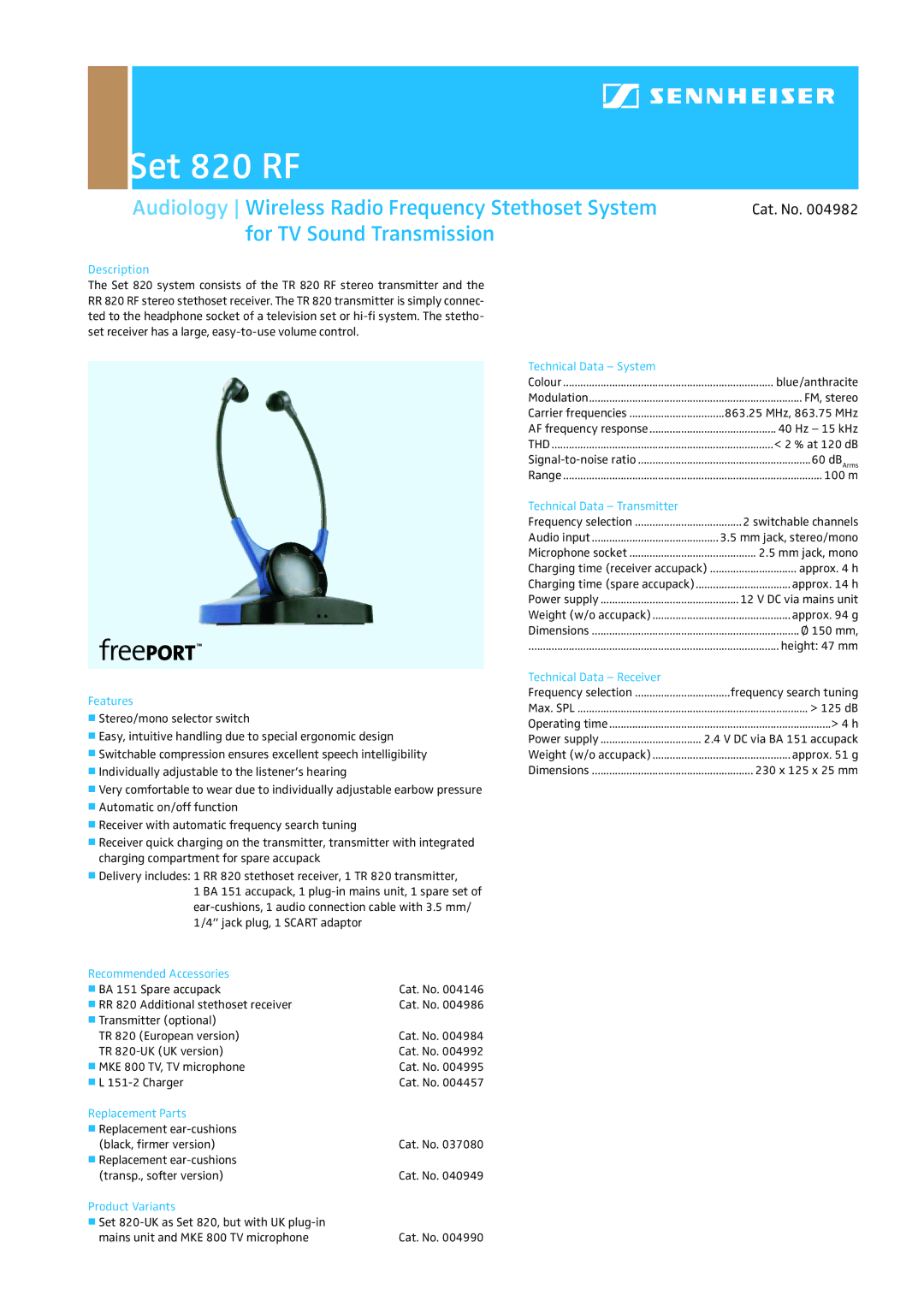 Sennheiser SET 820 RF dimensions Set 820 RF, Audiology Wireless Radio Frequency Stethoset System 