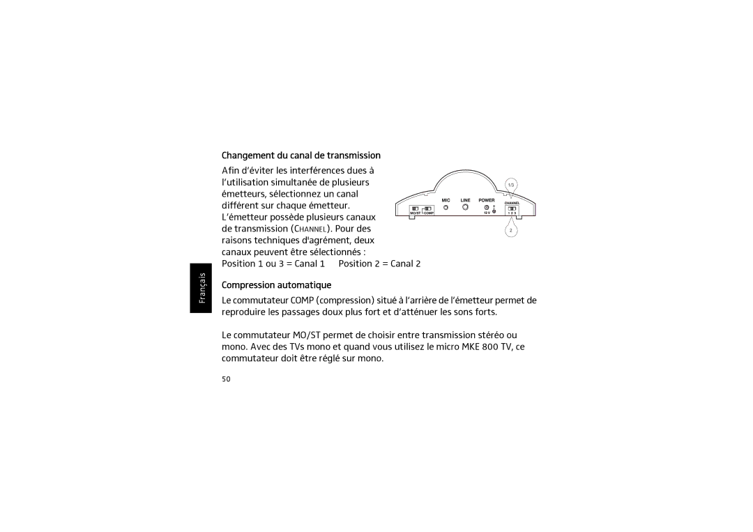 Sennheiser SET 820 instruction manual Changement du canal de transmission, Compression automatique 