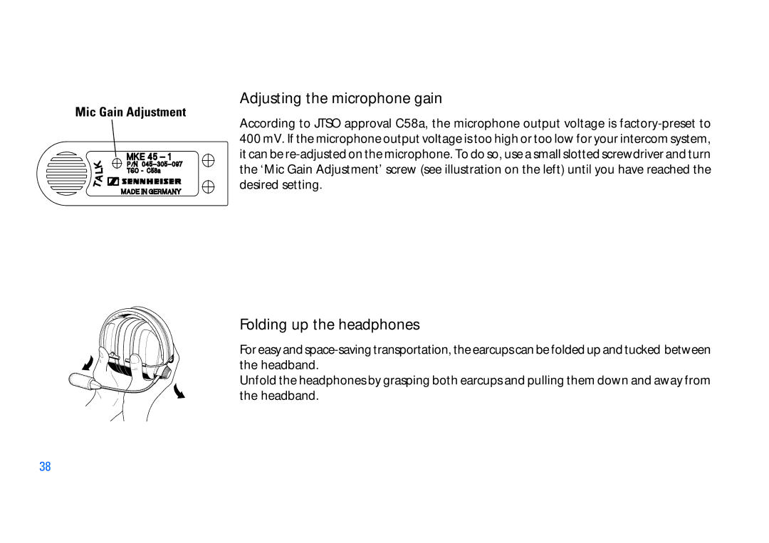 Sennheiser SET100 manual Adjusting the microphone gain, Folding up the headphones 