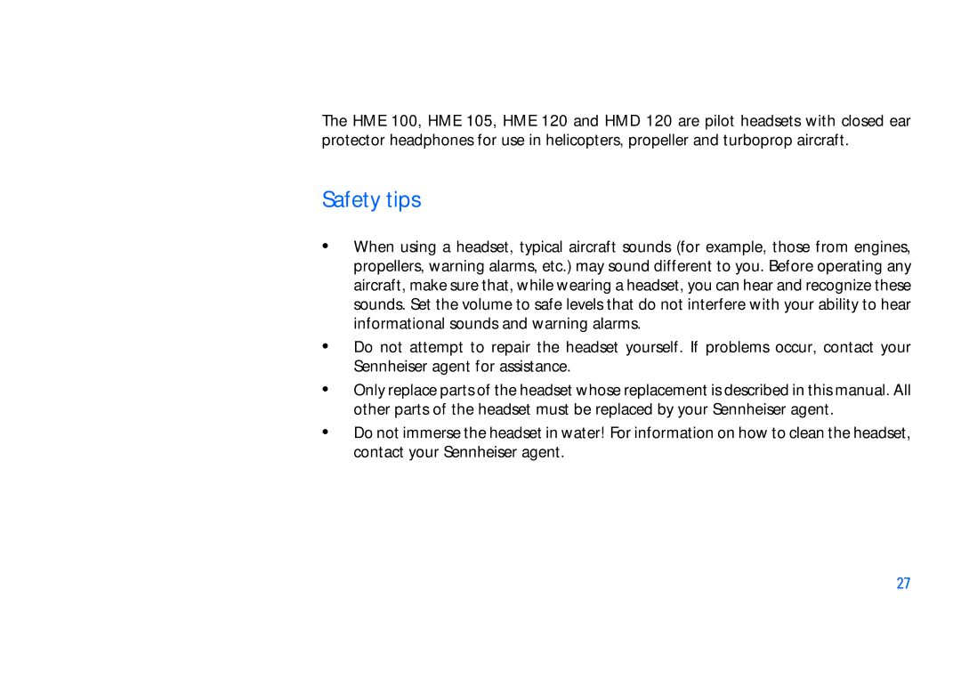 Sennheiser SET100 manual Safety tips 