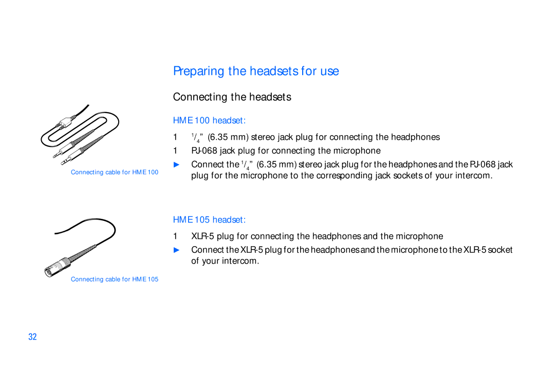 Sennheiser SET100 manual Preparing the headsets for use, Connecting the headsets 