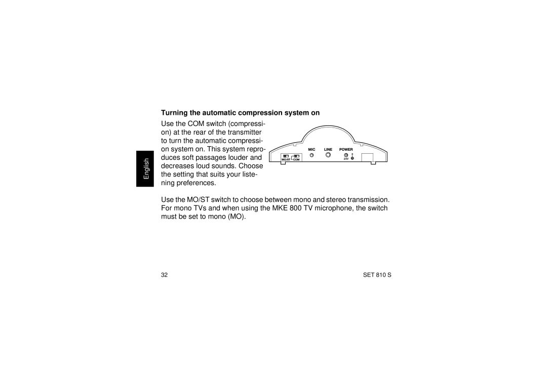 Sennheiser SET810 manual Turning the automatic compression system on 