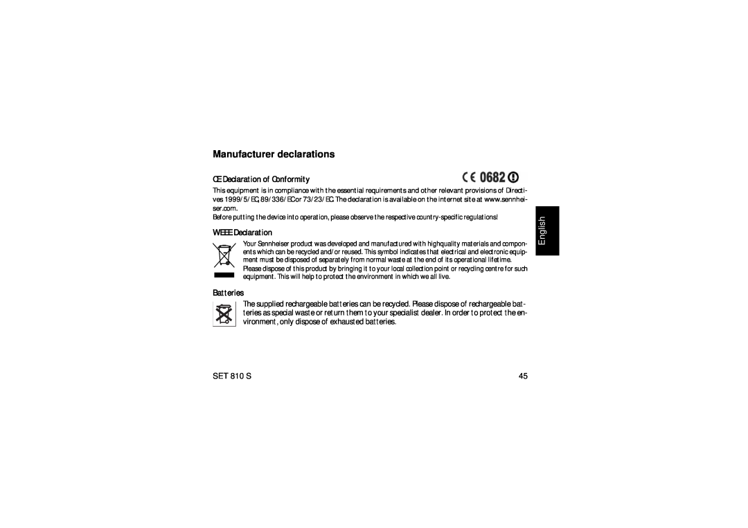 Sennheiser SET810 manual Manufacturer declarations, English, CE Declaration of Conformity, WEEE Declaration, Batteries 