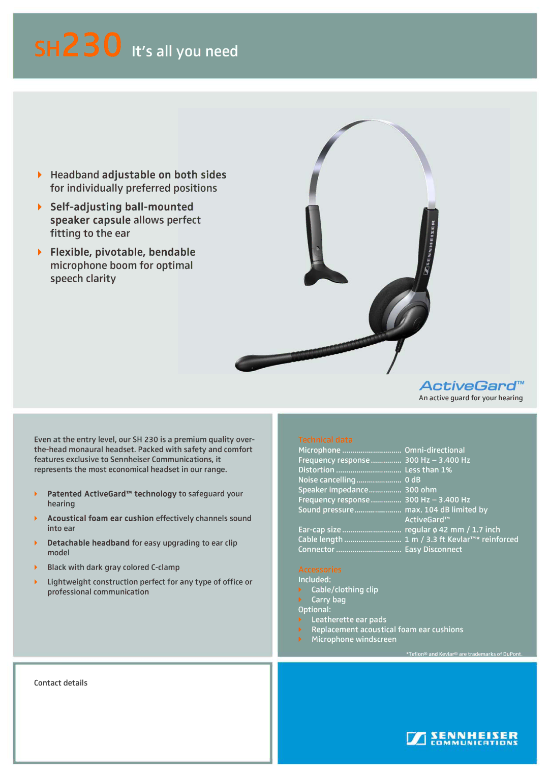 Sennheiser SH 230 manual SH230 It’s all you need, Technical data, Accessories 