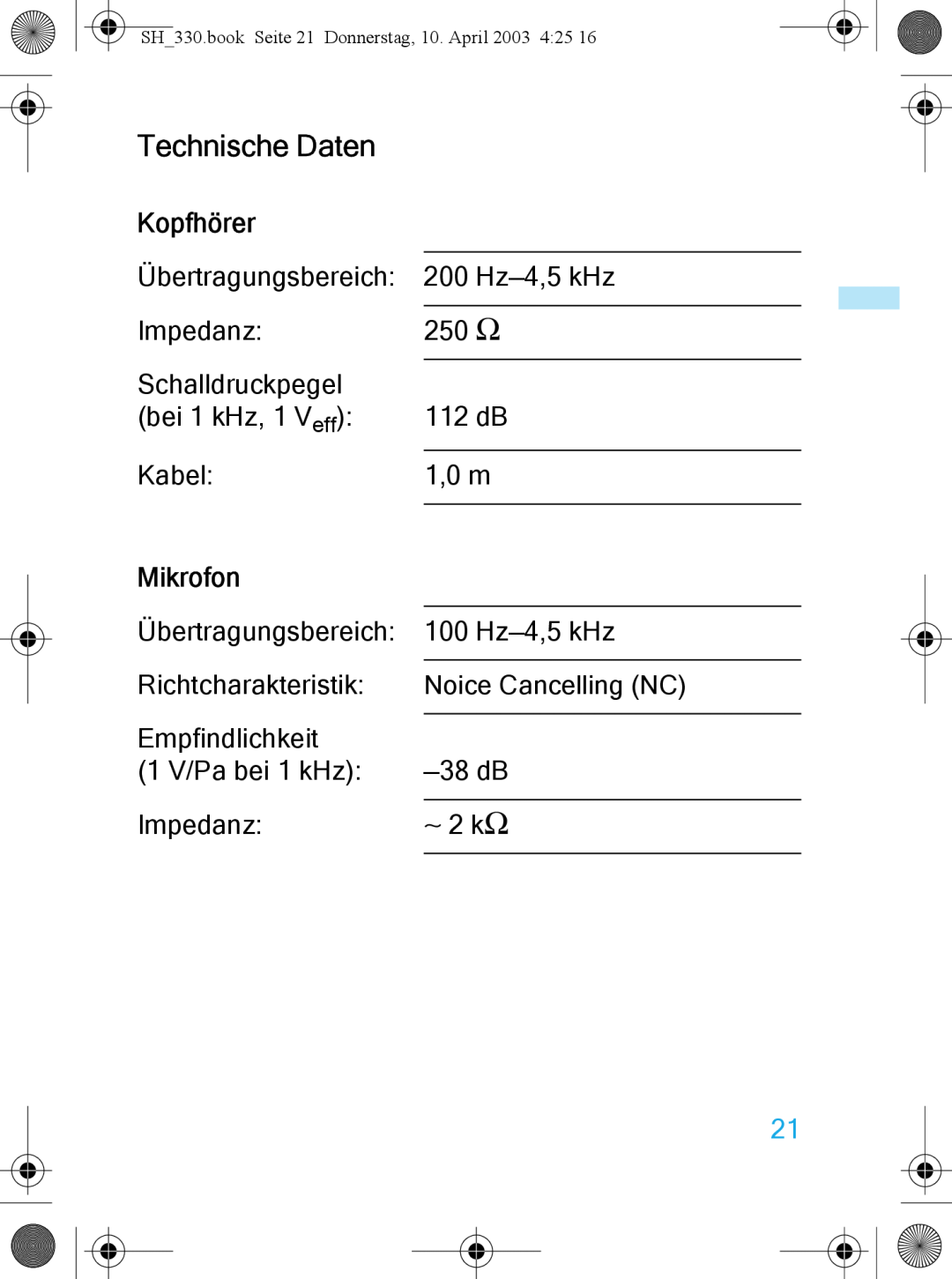 Sennheiser SH 330 manual Technische Daten, ∼ 2 kΩ, Kopfhörer, Mikrofon 
