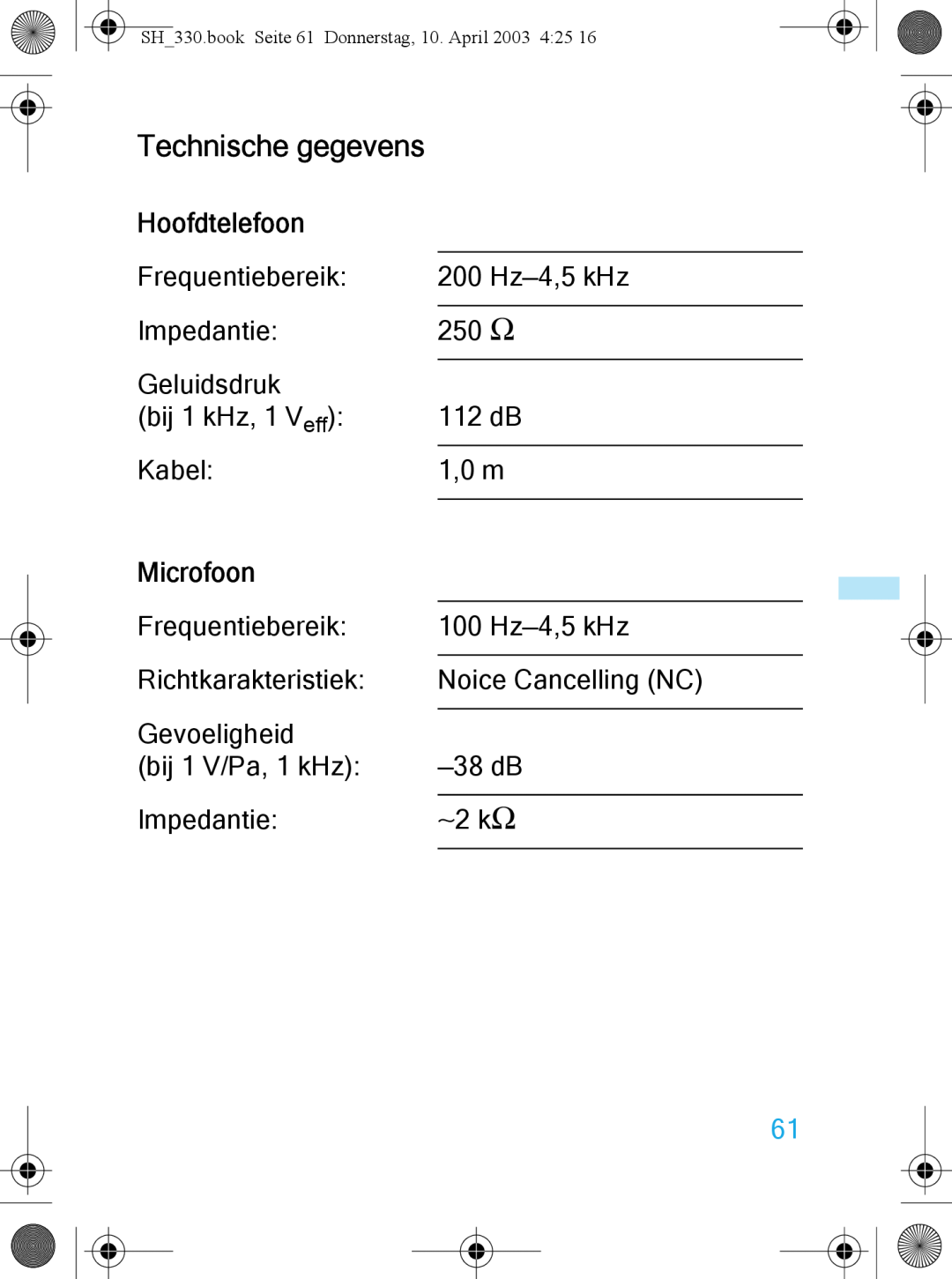 Sennheiser SH 330 manual Technische gegevens, Hoofdtelefoon, Microfoon 