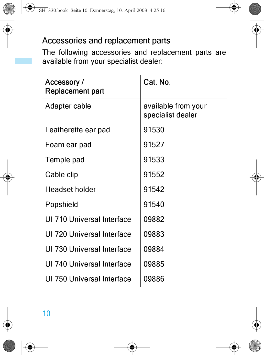 Sennheiser SH 330 manual Accessories and replacement parts, Accessory Cat. No Replacement part 
