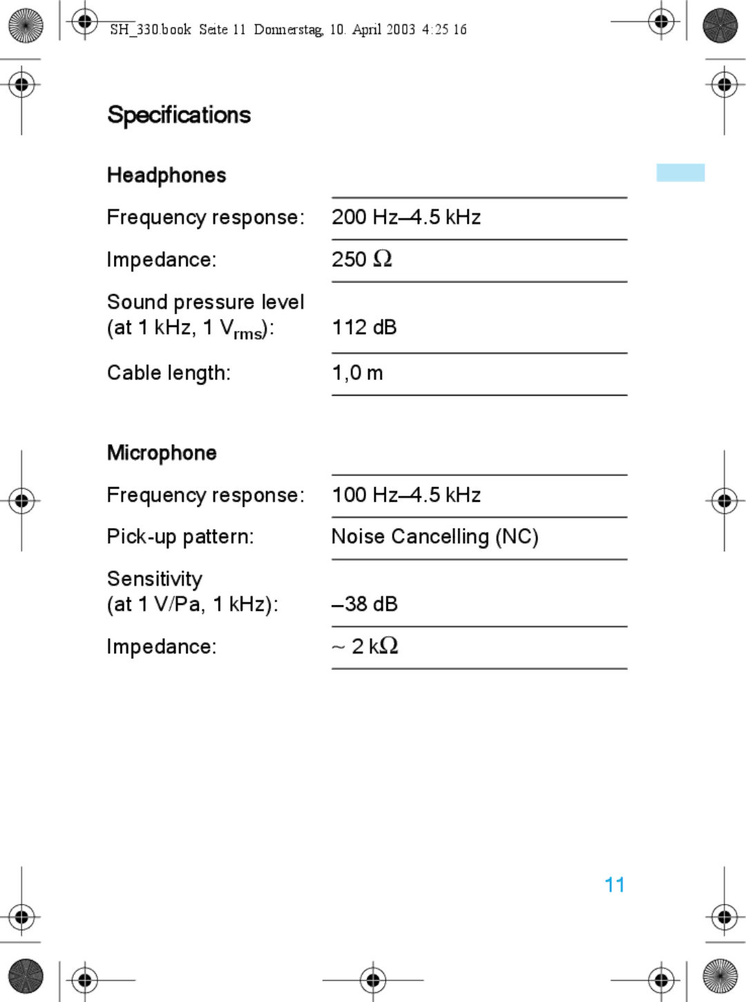 Sennheiser SH 330 manual Specifications, Headphones, Microphone 