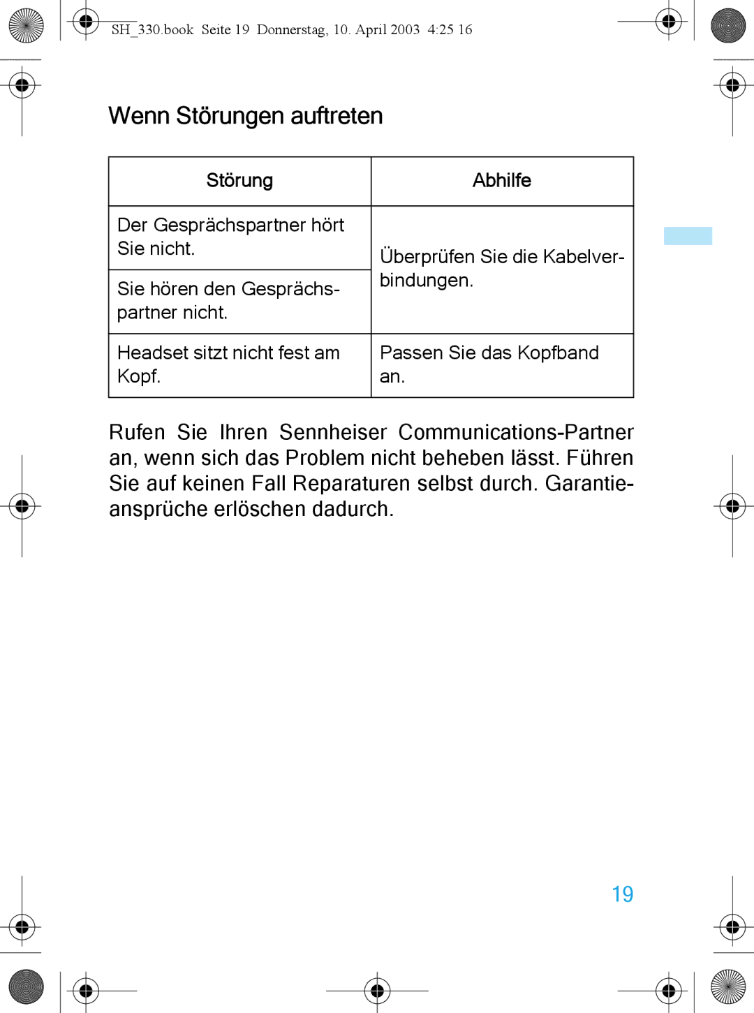 Sennheiser SH 330 manual Wenn Störungen auftreten, Störung Abhilfe 