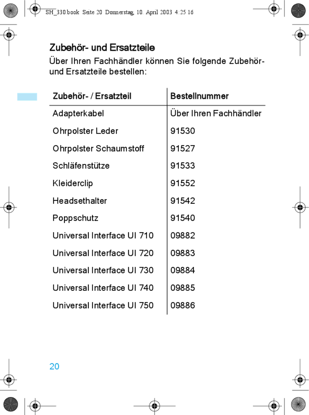 Sennheiser SH 330 manual Zubehör- und Ersatzteile, Zubehör- / Ersatzteil Bestellnummer 