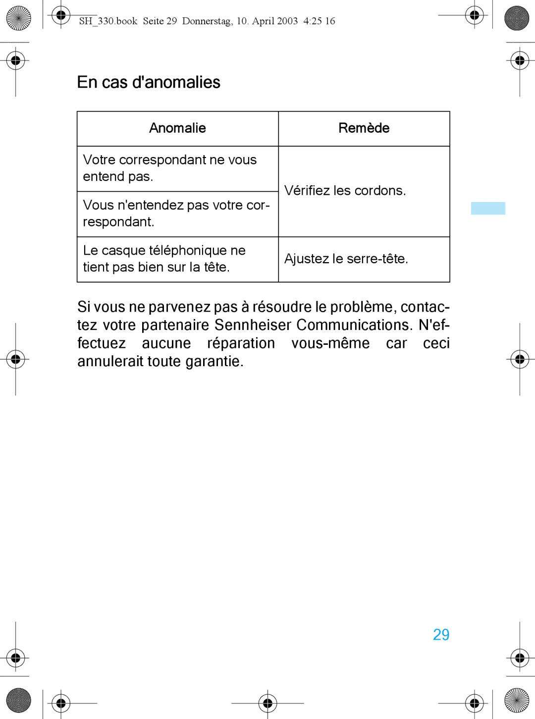 Sennheiser SH 330 manual En cas danomalies, Anomalie Remède 