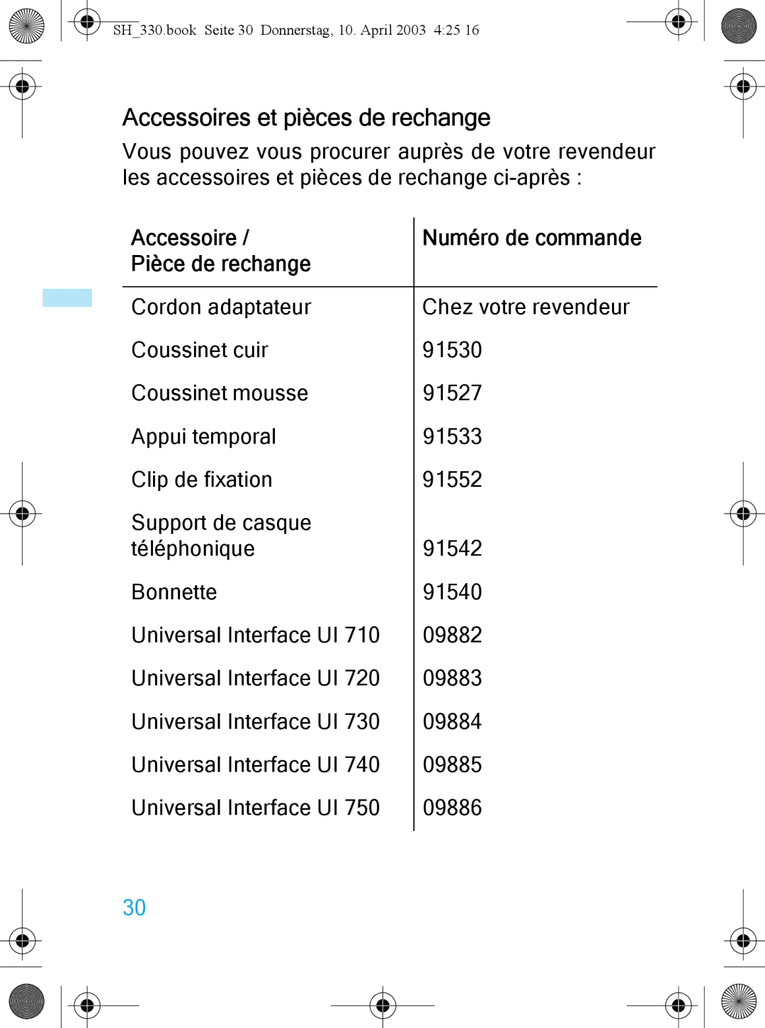 Sennheiser SH 330 manual Accessoires et pièces de rechange, Accessoire Numéro de commande Pièce de rechange 