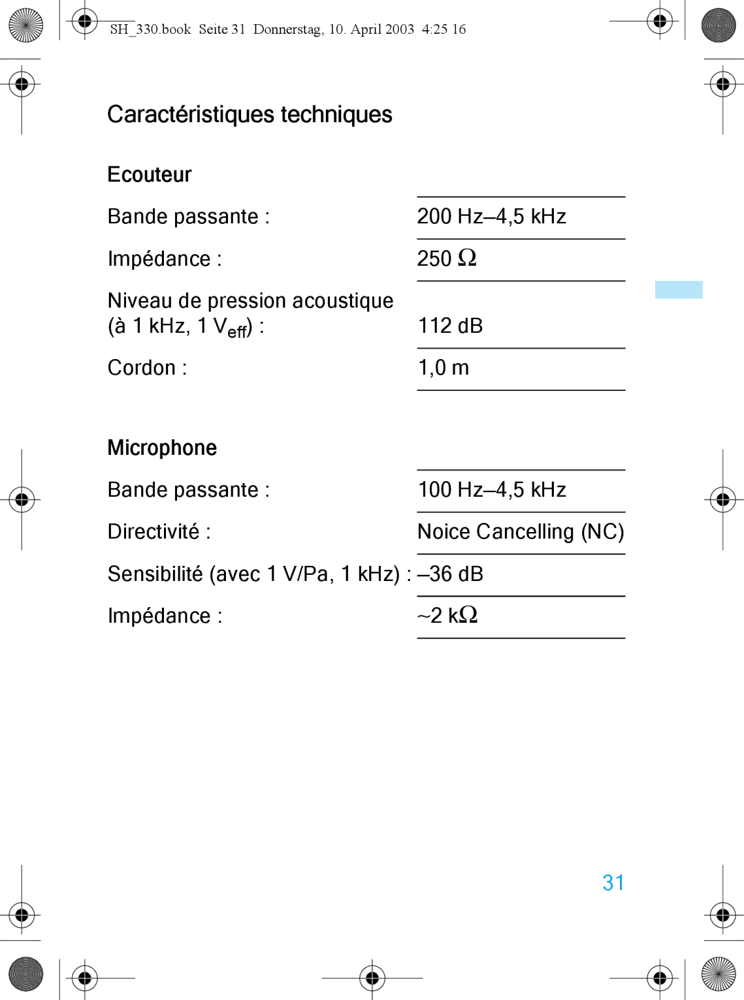 Sennheiser SH 330 manual Caractéristiques techniques, Ecouteur 