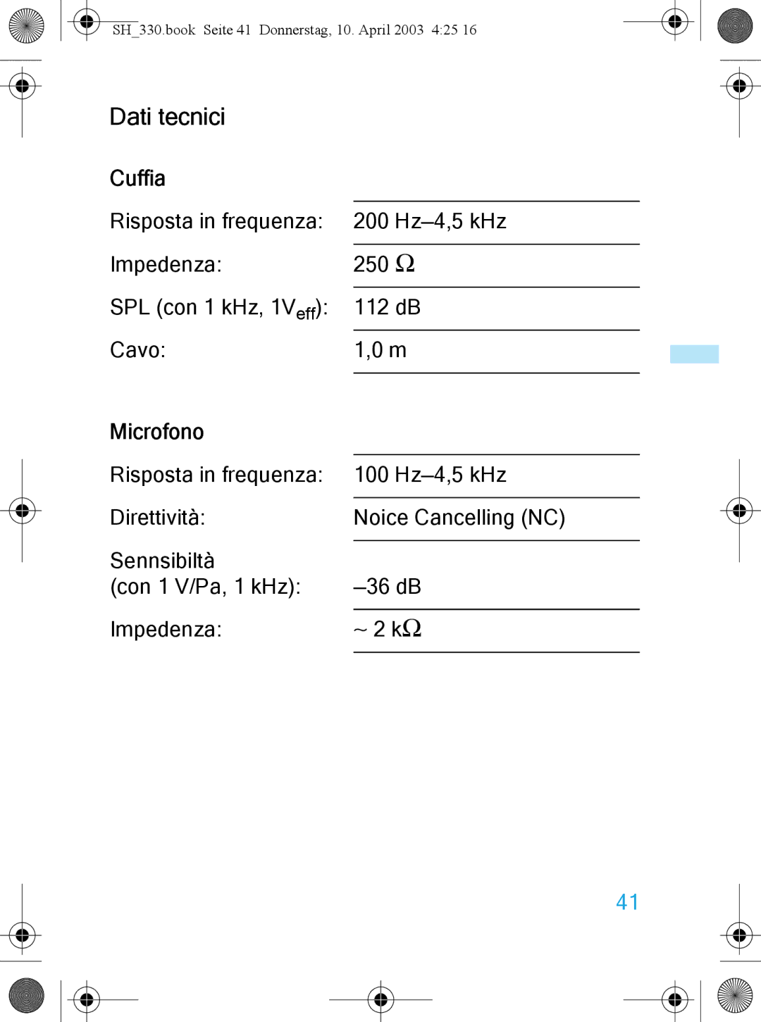 Sennheiser SH 330 manual Dati tecnici, Cuffia, Microfono 