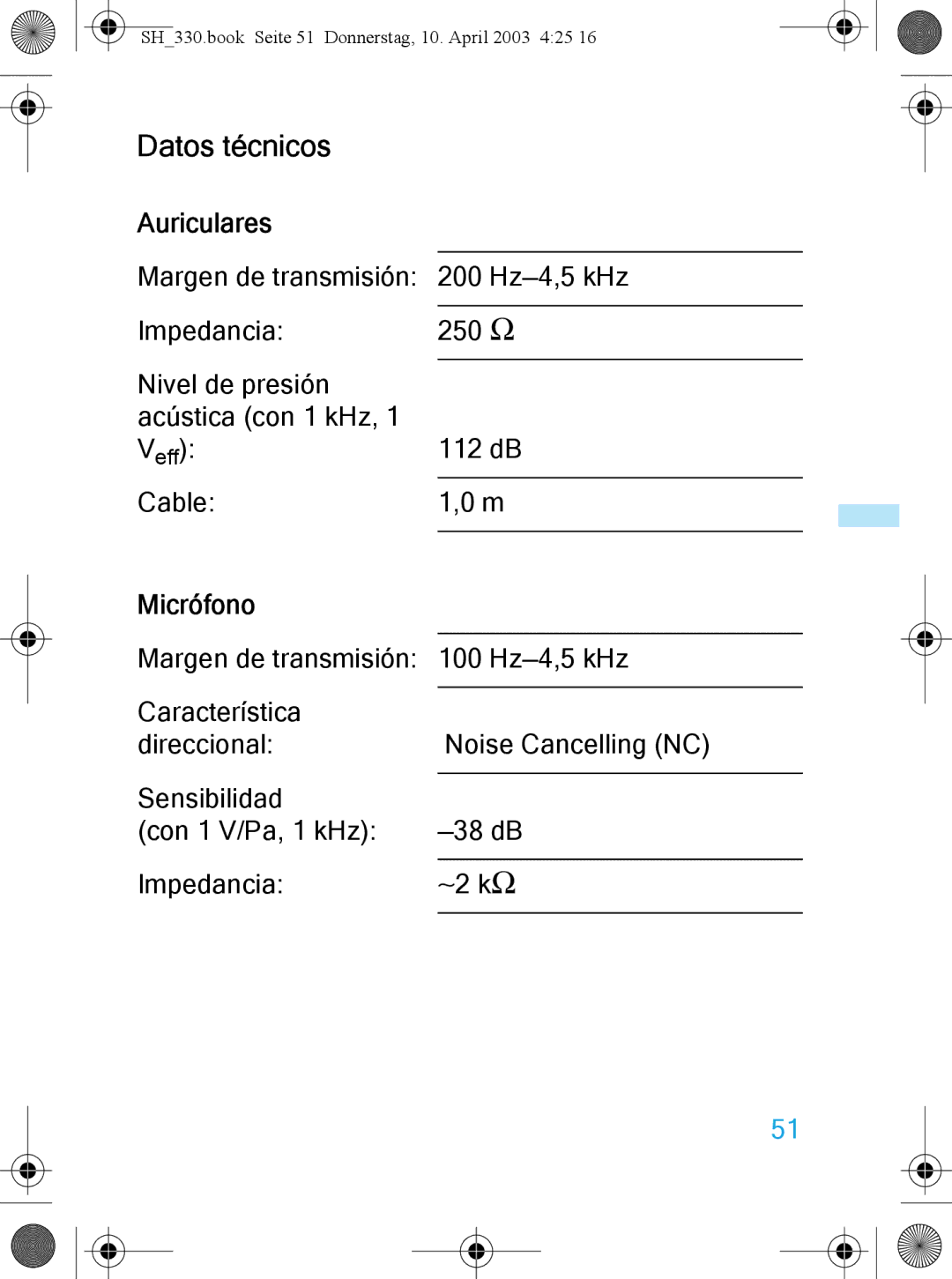 Sennheiser SH 330 manual Datos técnicos, Auriculares, Micrófono 