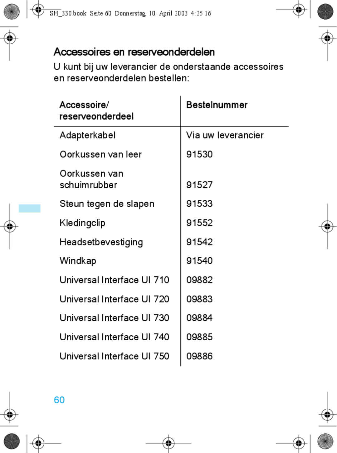 Sennheiser SH 330 manual Accessoires en reserveonderdelen, Accessoire Bestelnummer Reserveonderdeel 