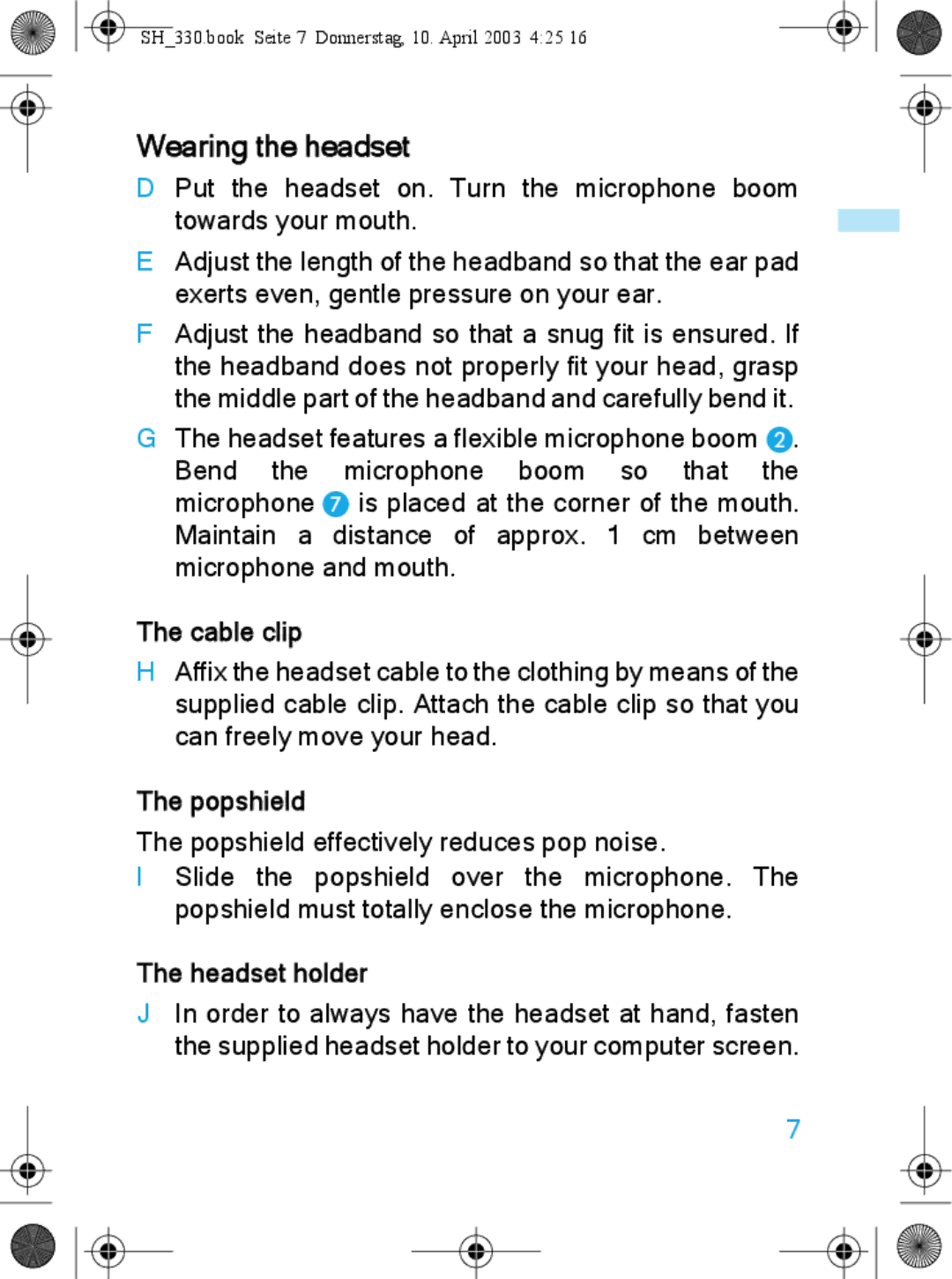 Sennheiser SH 330 manual Wearing the headset, Cable clip, Popshield, Headset holder 