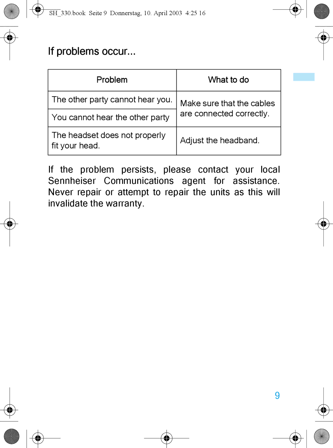 Sennheiser SH 330 manual If problems occur, Problem What to do 