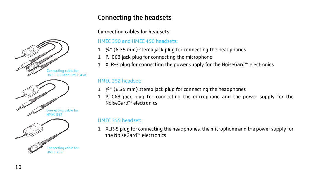 Sennheiser SH350 manual Connecting the headsets, Hmec 350 and Hmec 450 headsets, Hmec 352 headset, Hmec 355 headset 