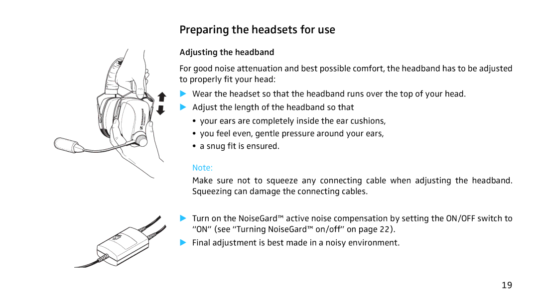 Sennheiser SH350 manual Preparing the headsets for use 