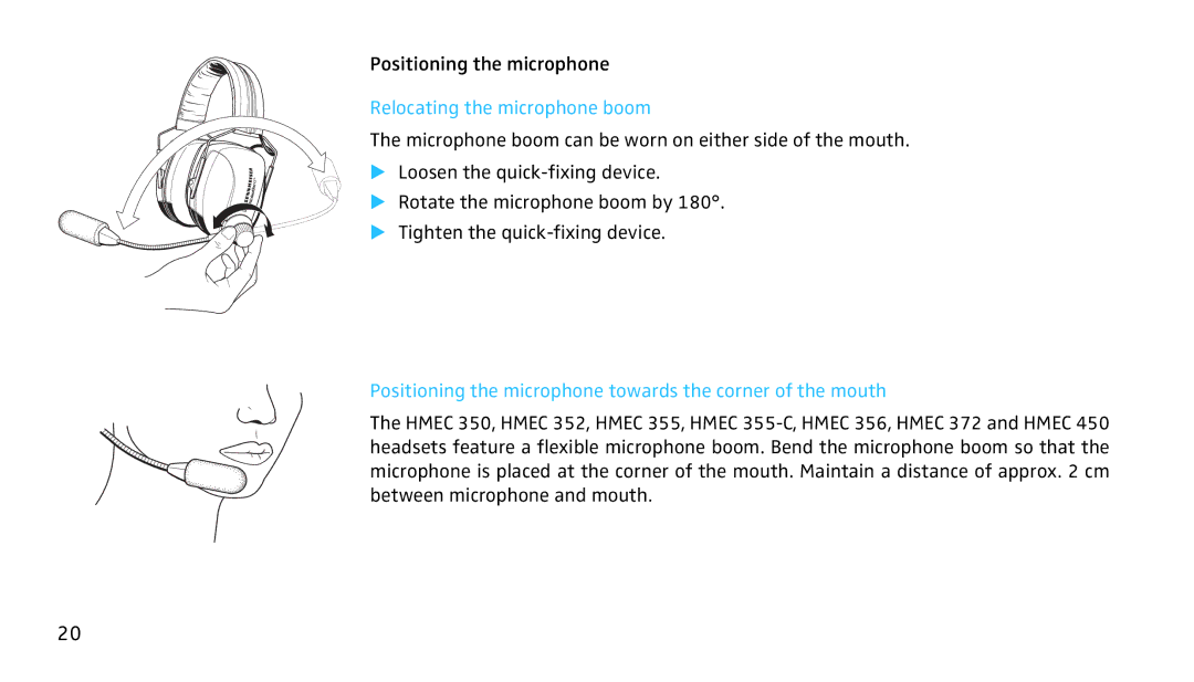 Sennheiser SH350 manual Relocating the microphone boom, Positioning the microphone towards the corner of the mouth 