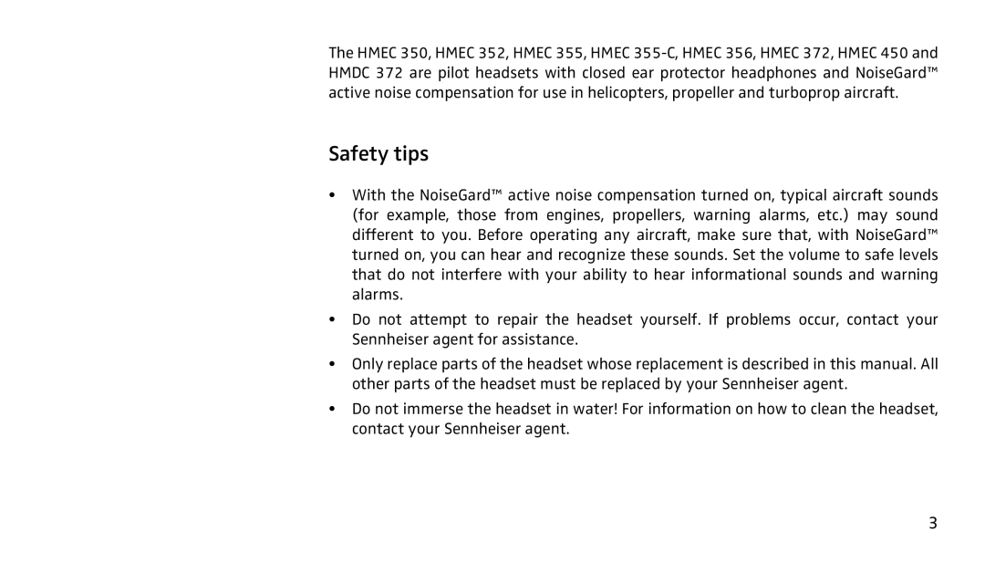 Sennheiser SH350 manual Safety tips 