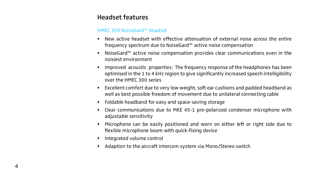 Sennheiser SH350 manual Headset features, Hmec 350 NoiseGard headset 